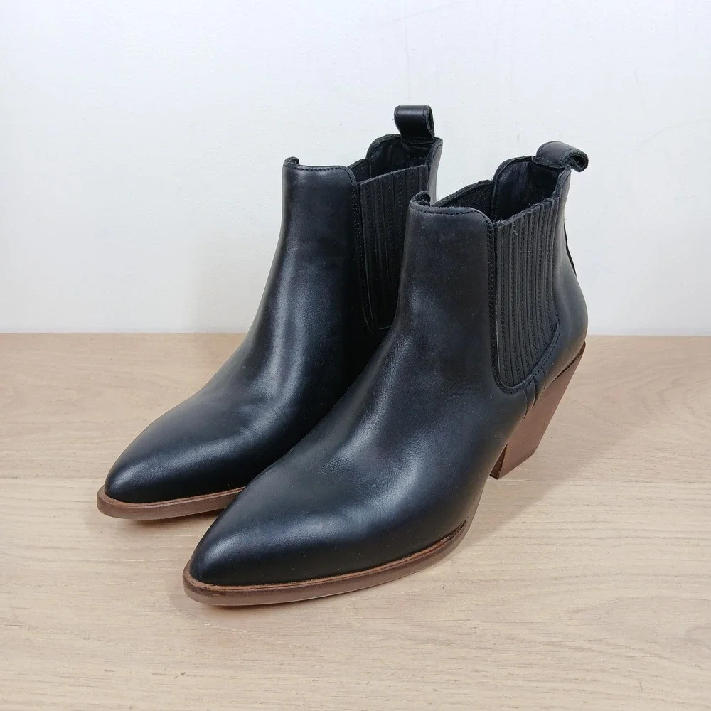 Patina Ankle Boots Women 6 Black Leather Pointed Toe Western Chelsea Block Heel
